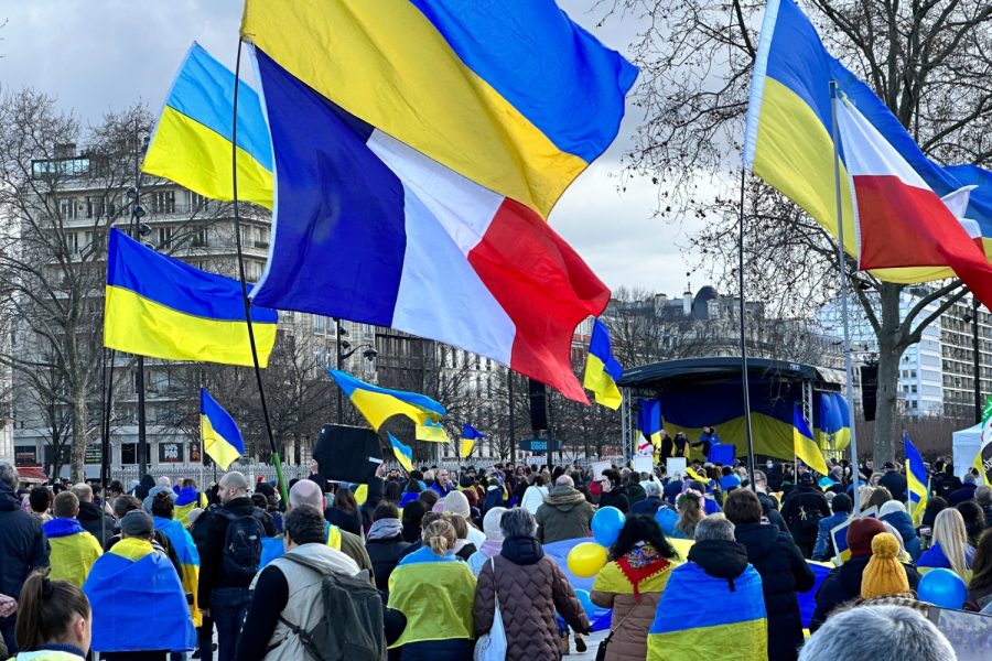 Hundreds of protesters rally in Paris on Feb. 25, a day after the 1-year anniversary of Russia’s invasion of Ukraine, for peace in Ukraine.