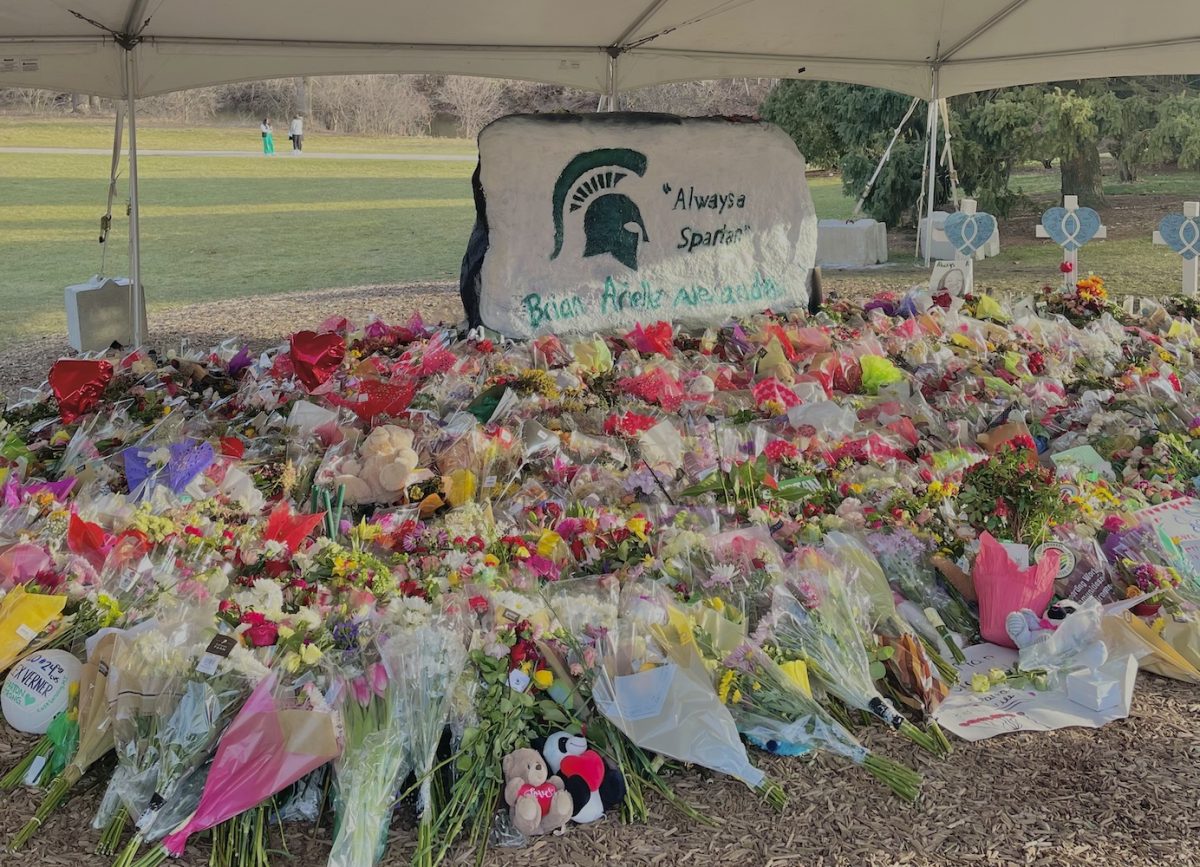On+Feb.+13%2C+2023+three+students+were+killed+in+the+Michigan+State+University+shooting.+Students+set+up+a+memorial+in+front+of+the+school+rock+a+few+days+later.++This+is+an+event+that+the+Say+Something+reporting+system+is+hoping+to+prevent.