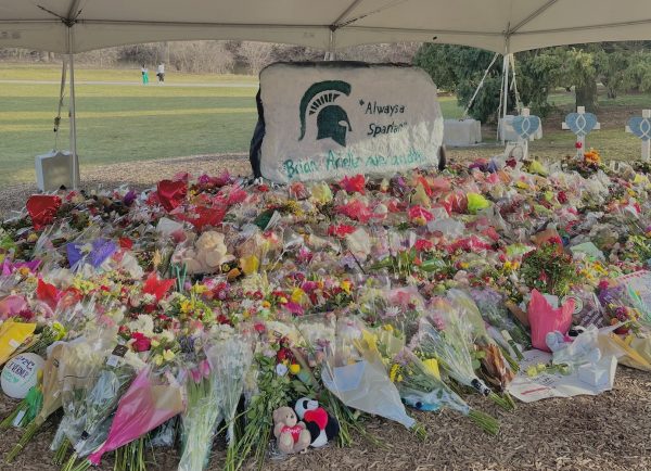 On Feb. 13, 2023 three students were killed in the Michigan State University shooting. Students set up a memorial in front of the school rock a few days later.  This is an event that the Say Something reporting system is hoping to prevent.