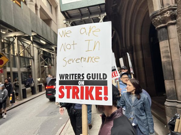 Writers stand in unity on a strike in New York City. Outside on location of the Marvel Studios Disney+ TV show, they demand basic compensation and rights to their creative property from studios. 