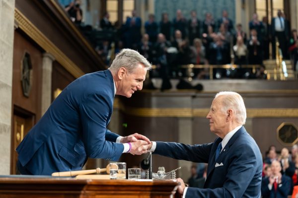 President Joe Biden approaches former Speaker of the House Kevin McCarthy before the 2023 State of the Union Address. Many have questioned Bidens ability to serve as president due to his age, while the House of Representatives just voted to oust McCarthy as Speaker on Oct. 3.