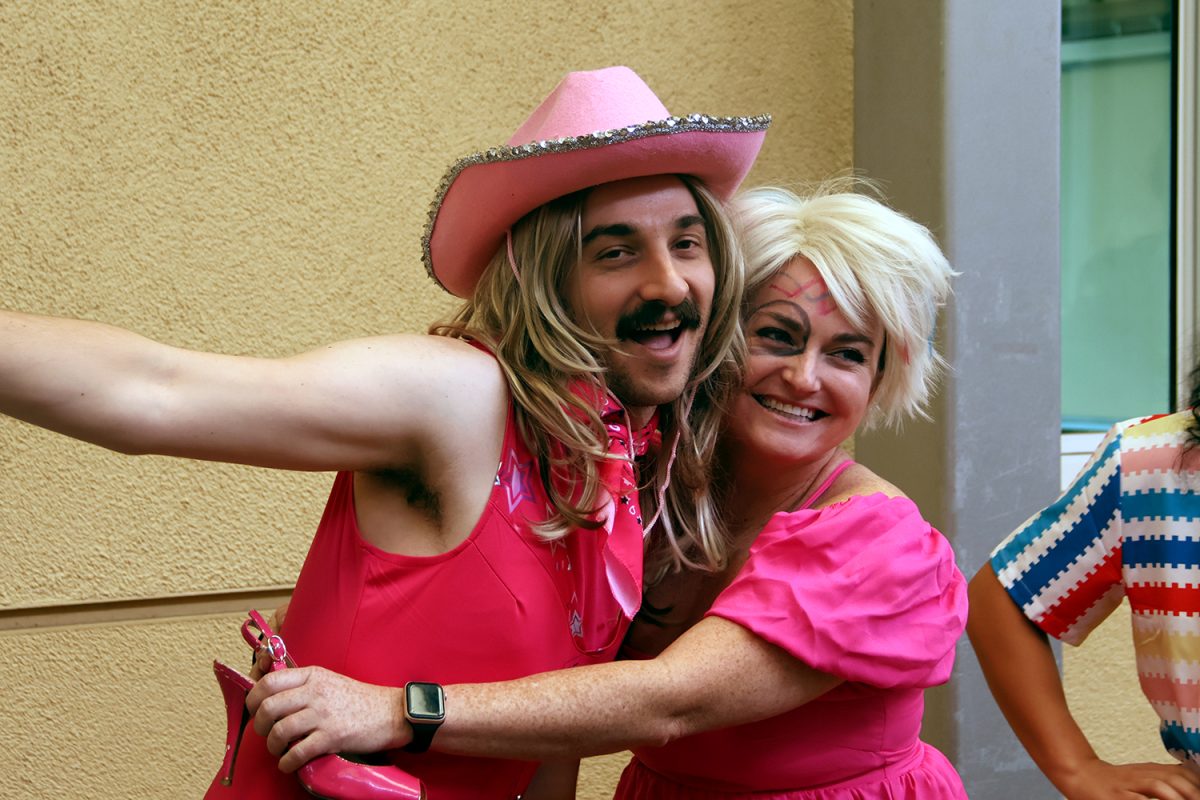 Teachers Lindsey Moynihan and Connor Fenech pose for a picture in their Barbie costumes. This year, many teachers in the history department coordinated their outfits together, all dressing up as a version of Barbie. 
