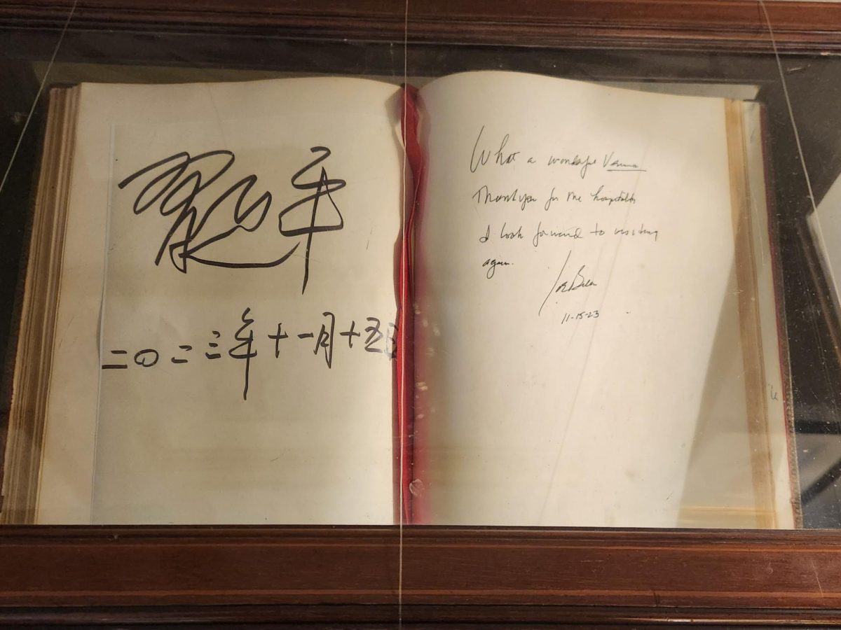 Joe Biden and Xi Jinping sign their names and messages in their native languages. Their writing was separated from the regular guest book and is now available for people to see at Filoli, just outside of the Ballroom.