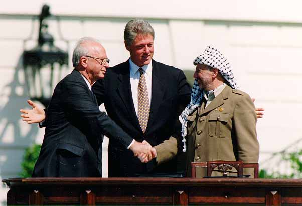 Former Israeli Prime Minister Yitzhak Rabin during the Oslo Accords with former U.S. President Bill Clinton and former Chairman of the Palestine Liberation Organization Yasser Arafat on Sept. 13, 1993.