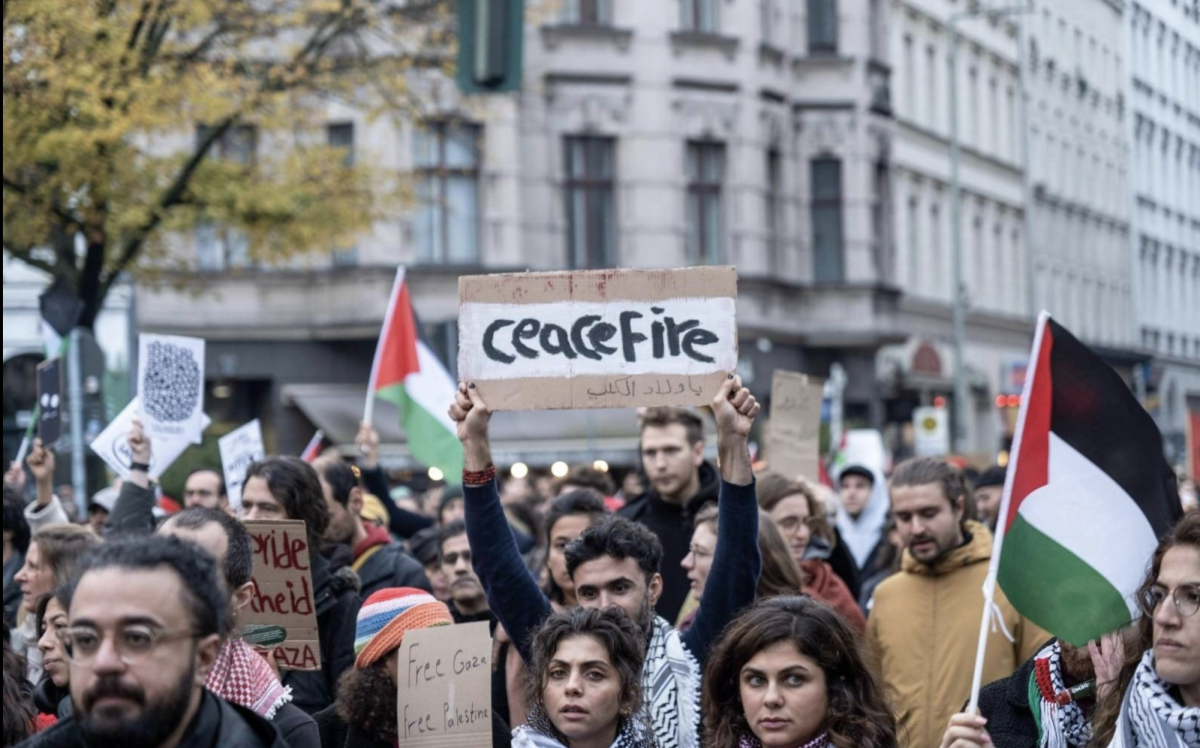 Protesters in Berlin stand in solidarity with Palestine and call for an immediate cease fire.
