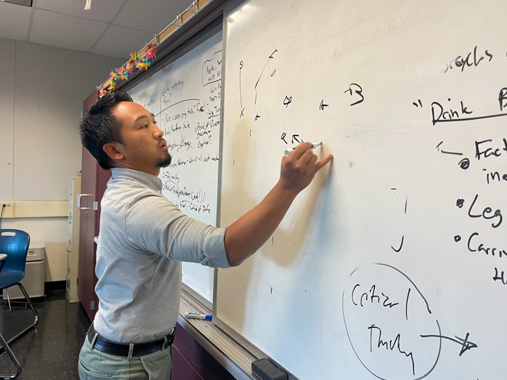 Coach Oscar Fabic writes a play on his whiteboard at room A5. “The biggest challenge was helping athletes who haven’t played football understand more advanced concepts. I always tried to bring it back to the fundamentals, Fabic said.
