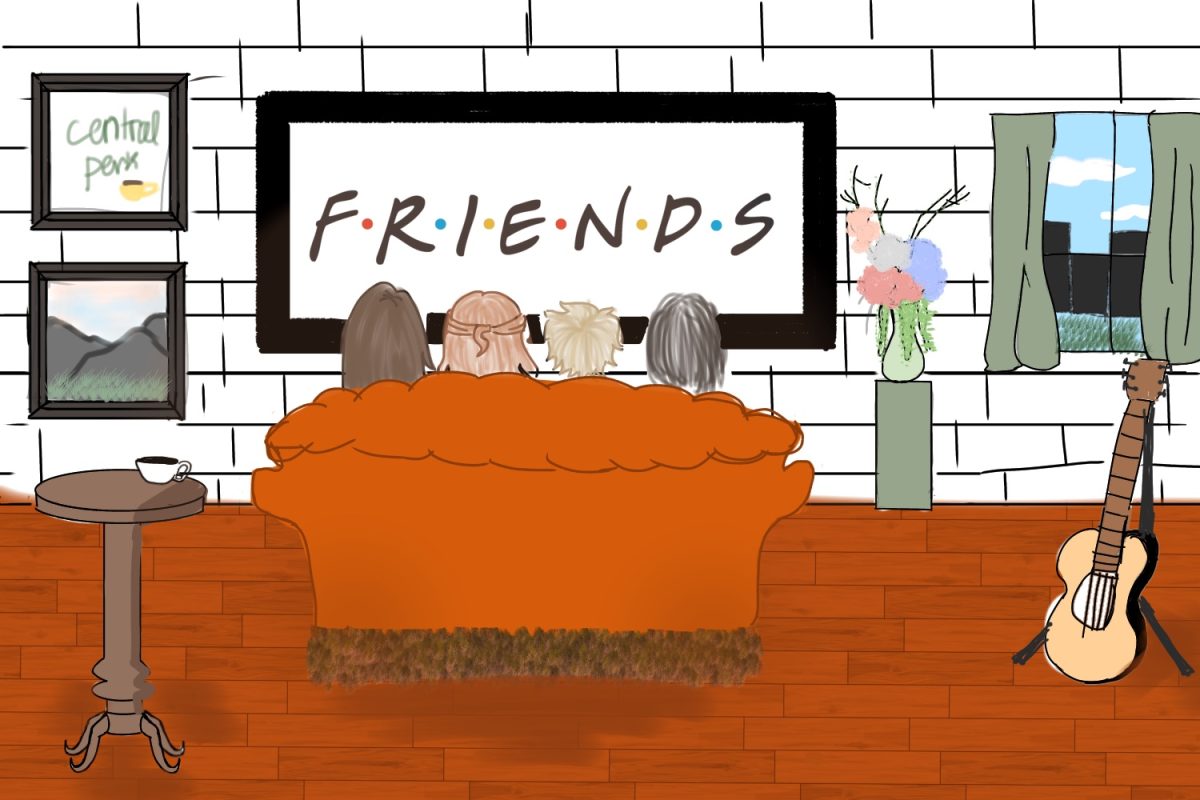 A group watches “Friends” on the iconic couch of the show in a room resembling “Central Perk,” the coffee shop that is frequently visited by the main cast of the show.