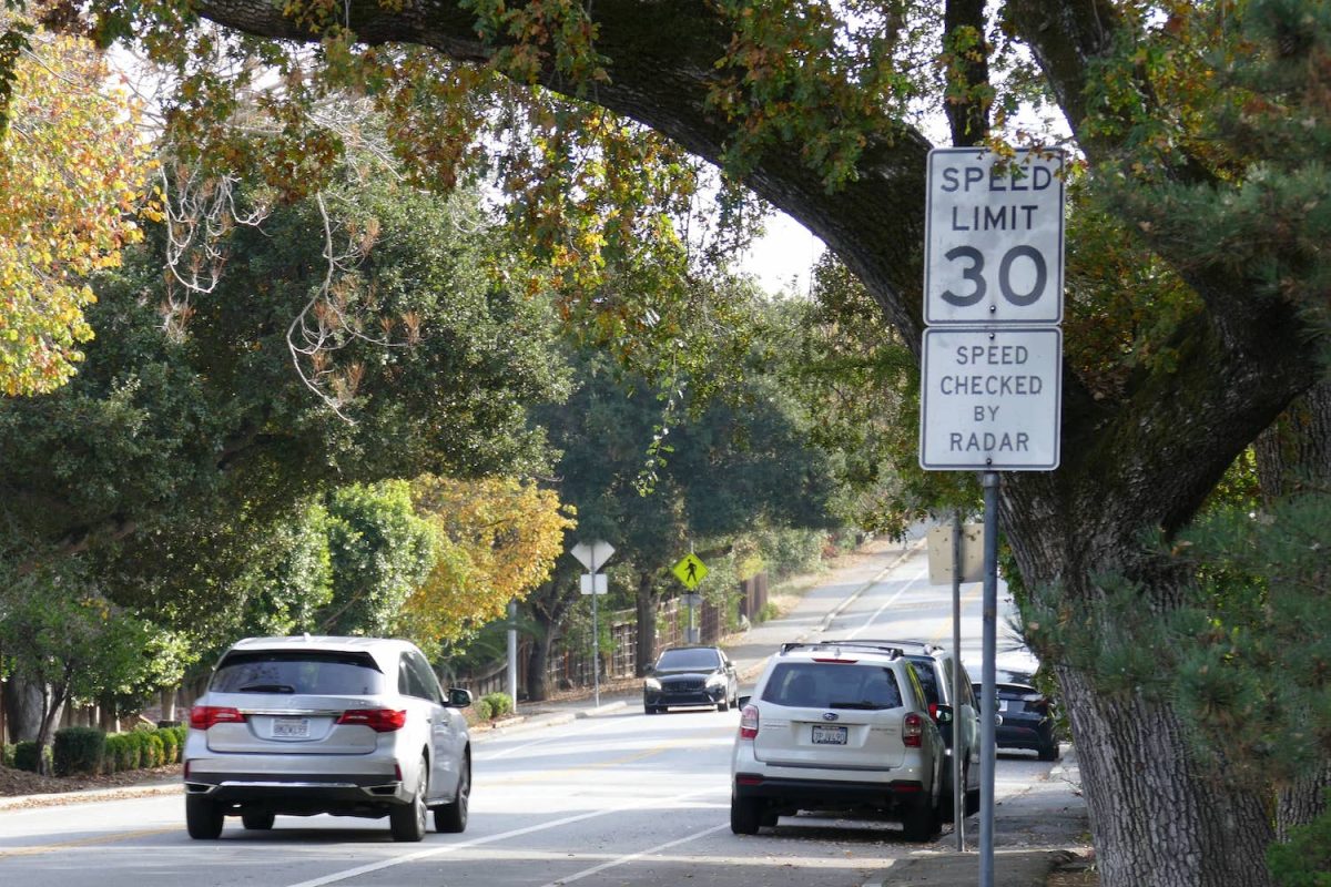 Speed limit signs on the side of Alameda de Las Pulgas inform drivers of the legal limit. Speed limit signs can be found all across California roads, which remind drivers to maintain safe speeds.