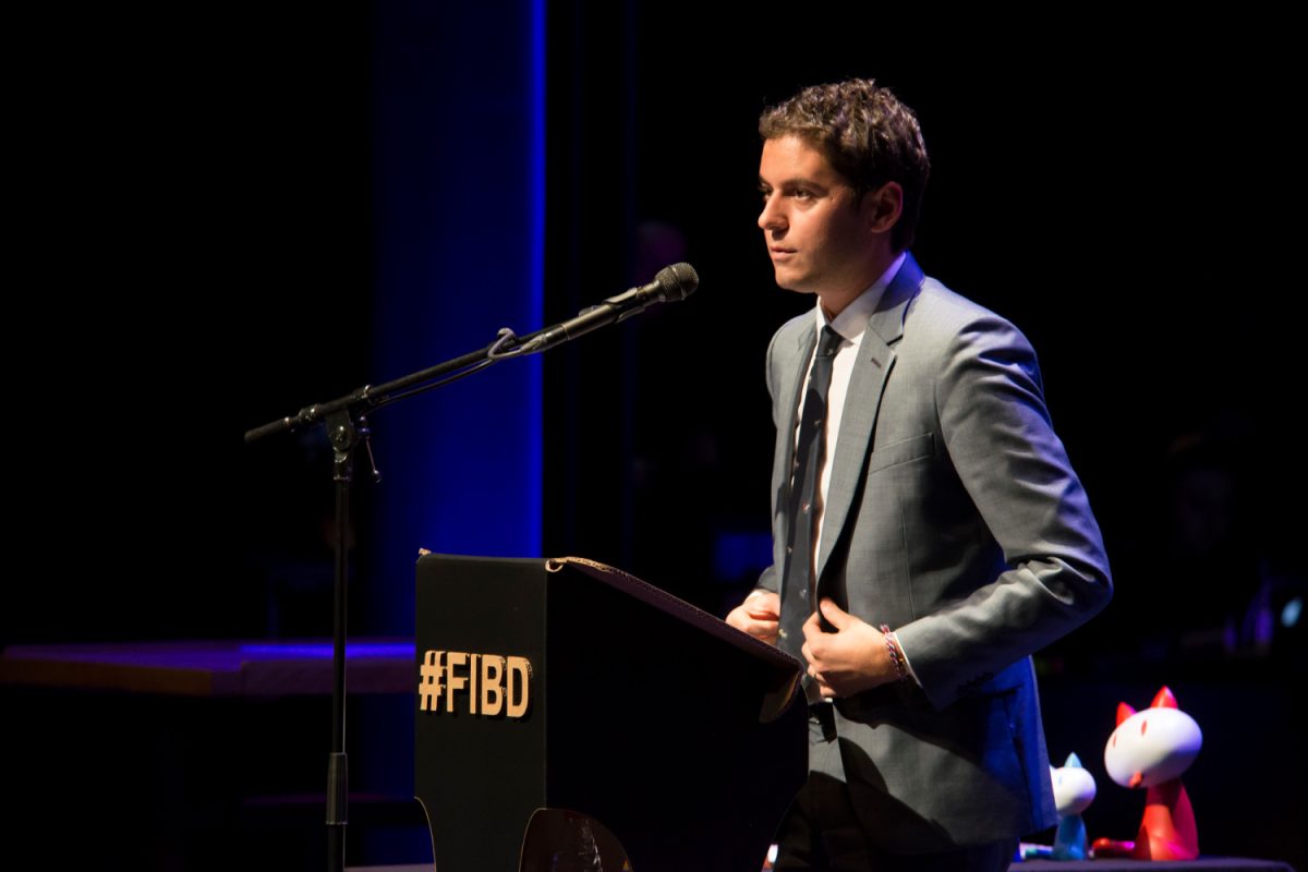 Former Junior Minister Gabriel Attal, now French Prime Minister, addresses the audience at the Discovery Awards ceremony during the Angoulême International Comics Festival on Jan. 24, 2019.