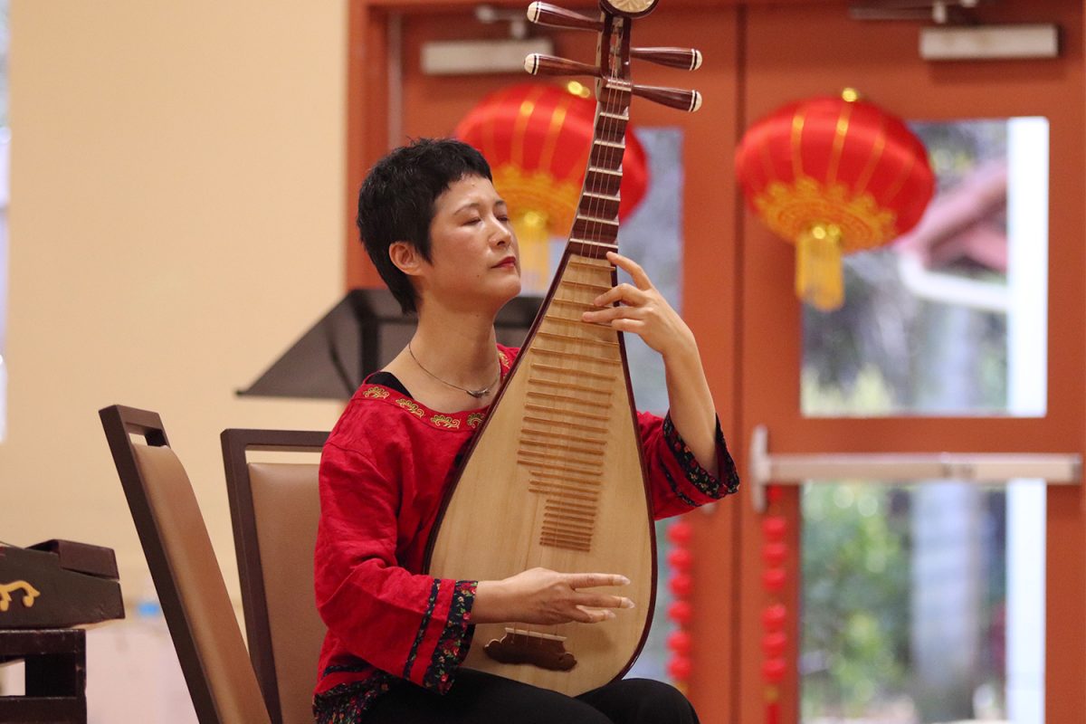 Shenshen Zhang, another member of Melody of China, plays a Chinese instrument called the pipa. She informed the audience that her left hand is used to press on the strings, while her right hand is used to pluck the strings. Zhang performed a song of lush and tranquil sounds called White Snow in Sunny Spring.
