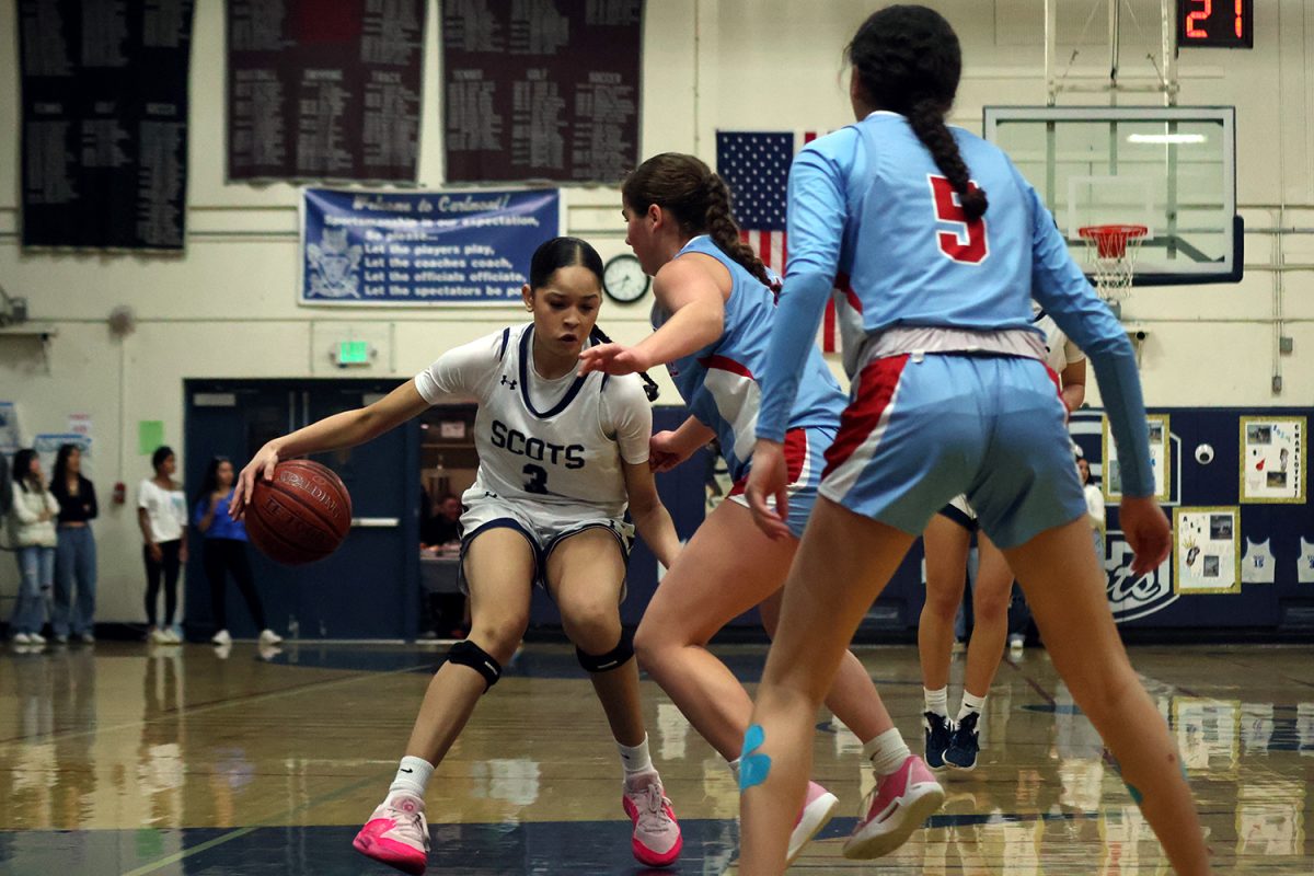 Senior Ale Nelson performs a cross-over to make the defender lose balance. Nelson made many moves throughout the game to stall or fake out the defenders. While cross-overs are simple moves, they effectively create opportunities to score.