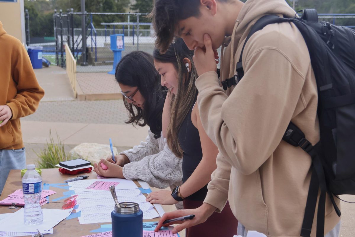 Carlmont Juniors Luana Tellez, Kiana Choi, and Neel Sijp (left to right) show appreciation for teachers and staff by writing them thank-you letters. This booth allowed students to express their gratitude and recognition towards the hard work and support that teachers and staff provide. Several students visited the teacher-appreciation-gram stand in the quad. 