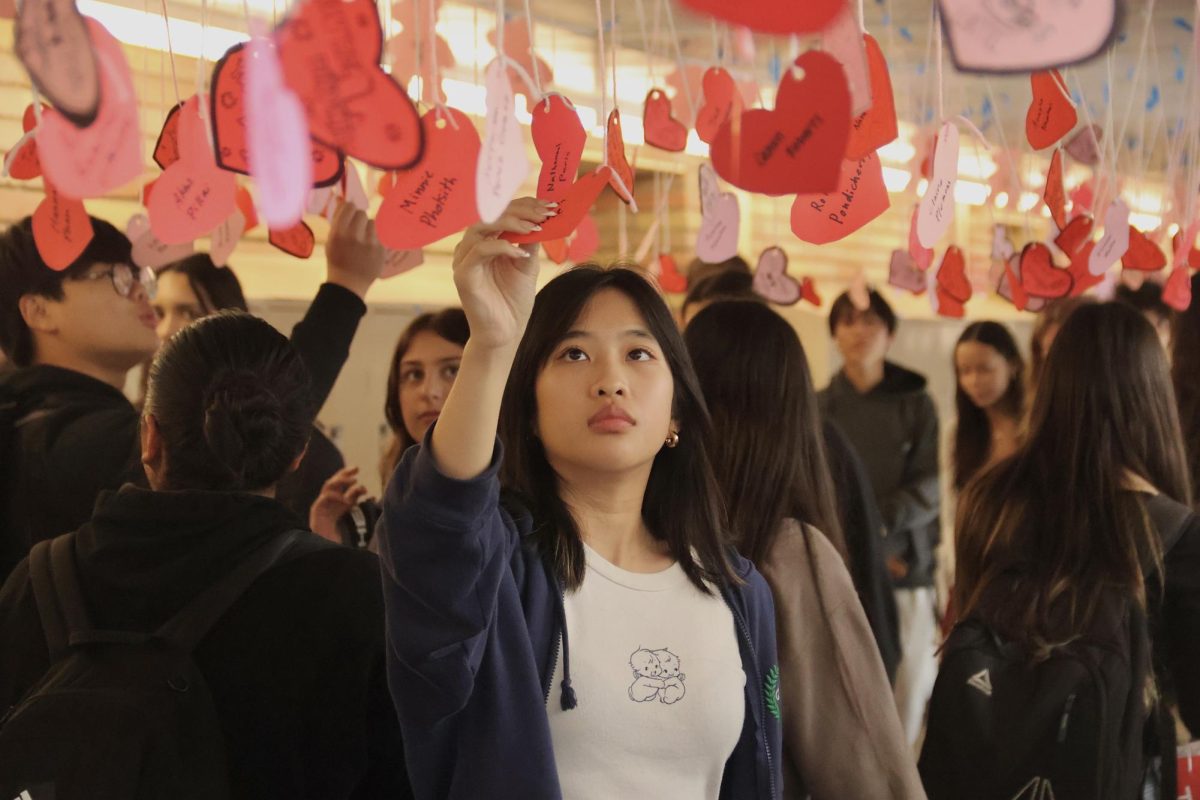 A Carlmont student searches for her heart in C-Hall. Hearts dangle from the ceiling as students shuffle around the hall, looking for their designated heart with a message. Anticipation builds as students flip through paper hearts, hoping to see their name written on one.