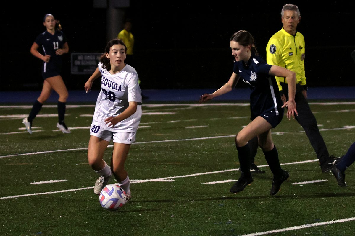 Lila Latta defends a Sequoia midfielder on a counterattack. The game went back and forth many times, but Carlmont stopped many of Sequoia’s plays in the midfield. They did this because of their quick defensive recoveries throughout the game.