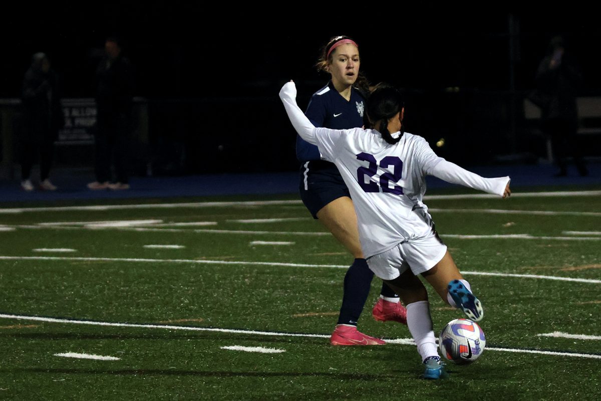 Freshman Bianca Lopez prepares to block a cross by a Sequoia forward within the Scots half. Lopez is a defender for the Scots meaning she is responsible for keeping the opponent from taking a shot. Despite her typical position, Lopez scored the final goal of the game, bringing the score to 4-1.
