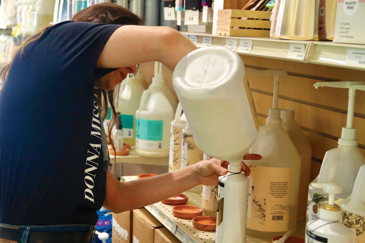 Marina Fernandez, a regular customer, fills her container with more of Byrds Filling Stations shampoo. I usually get my shampoo and conditioner from here, but Im trying out a new scent this time, so Im excited about that, Fernandez said. Like many customers, she used a container that she brought from home.