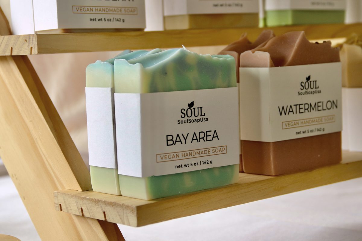 Zafras Bay Area soap bar sits on display. I wanted this soap to emulate the waves of the ocean, Zafra said. I played around with the color and texture of the soap until it looked like what I envisioned. 