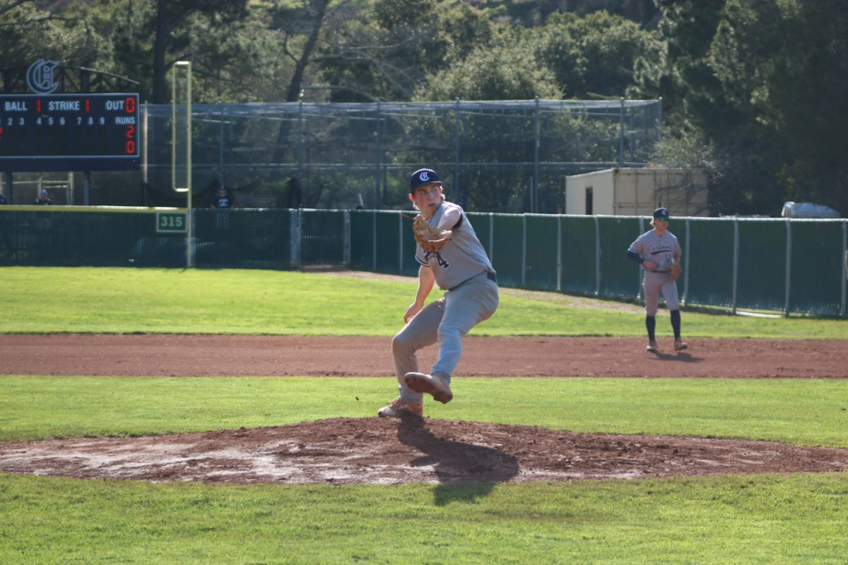 Junior pitcher Henry Massey winds up to pitch the ball to the opponent. He struck out the batter to end the inning.
