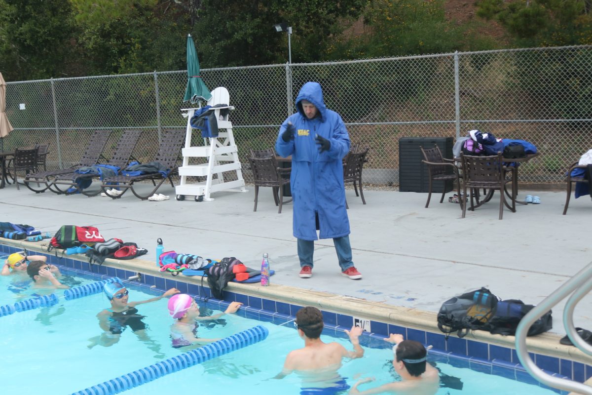Coach Zach explains a drill he wants his swimmers to complete before swimming their last set of the day.