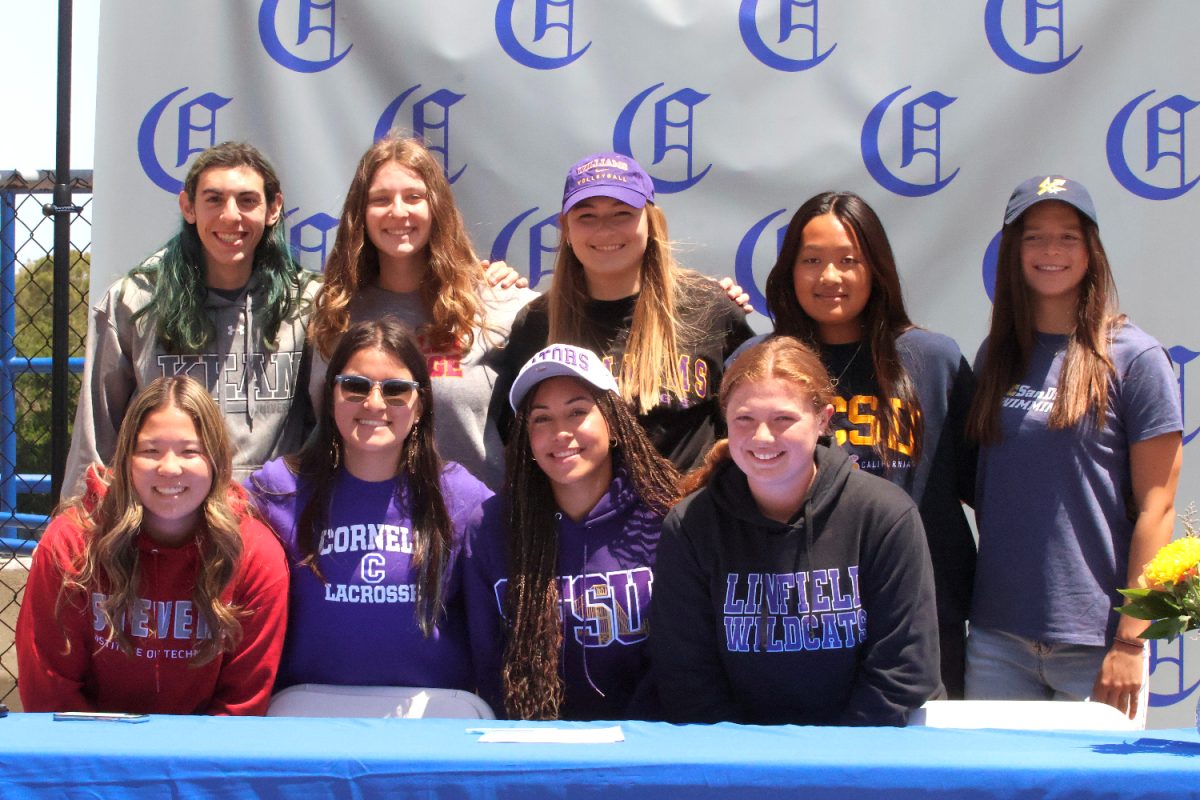 All nine Carlmont High School seniors who are committed to playing a sport in college gather for a photo. These student-athletes will be furthering their academic and athletic experience in colleges across the United States at various levels. They will be continuing careers in softball, soccer, lacrosse, volleyball, and swimming.