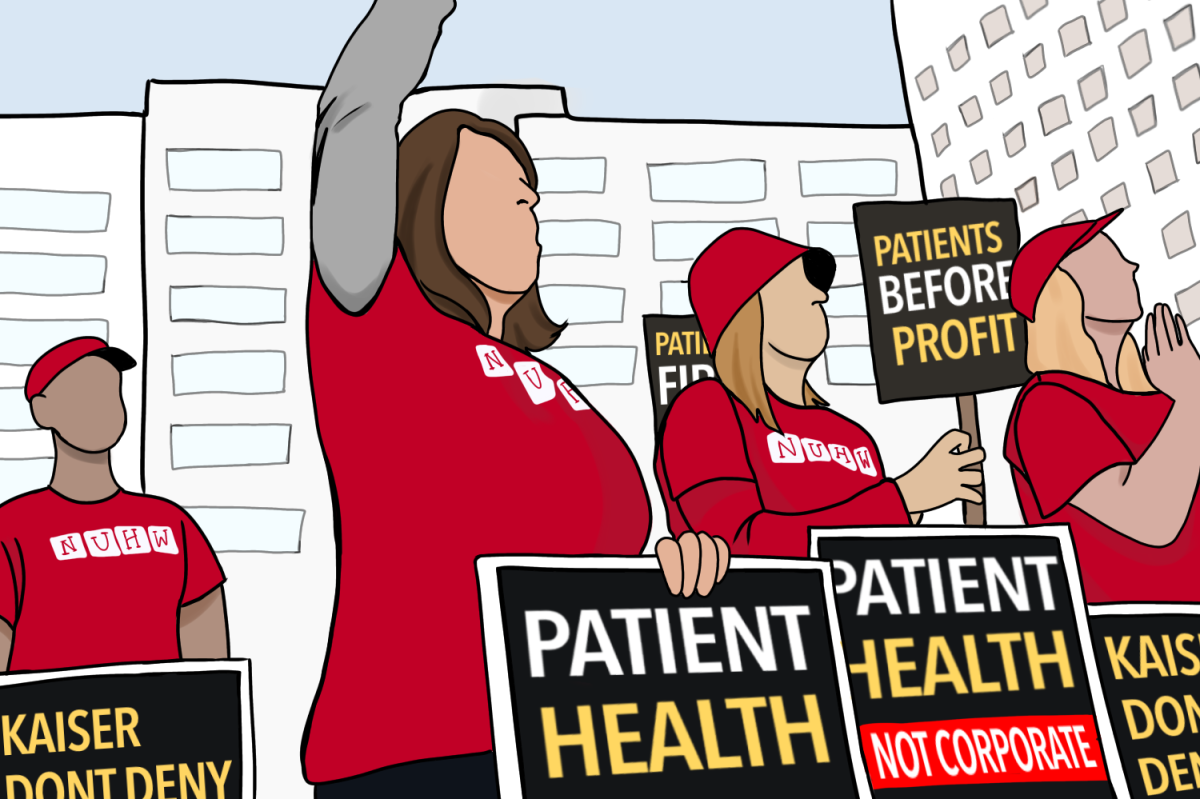 Mental health care workers protest at the picket lines wearing red to signify their belonging to the National Union of Healthcare Workers (NUHW).