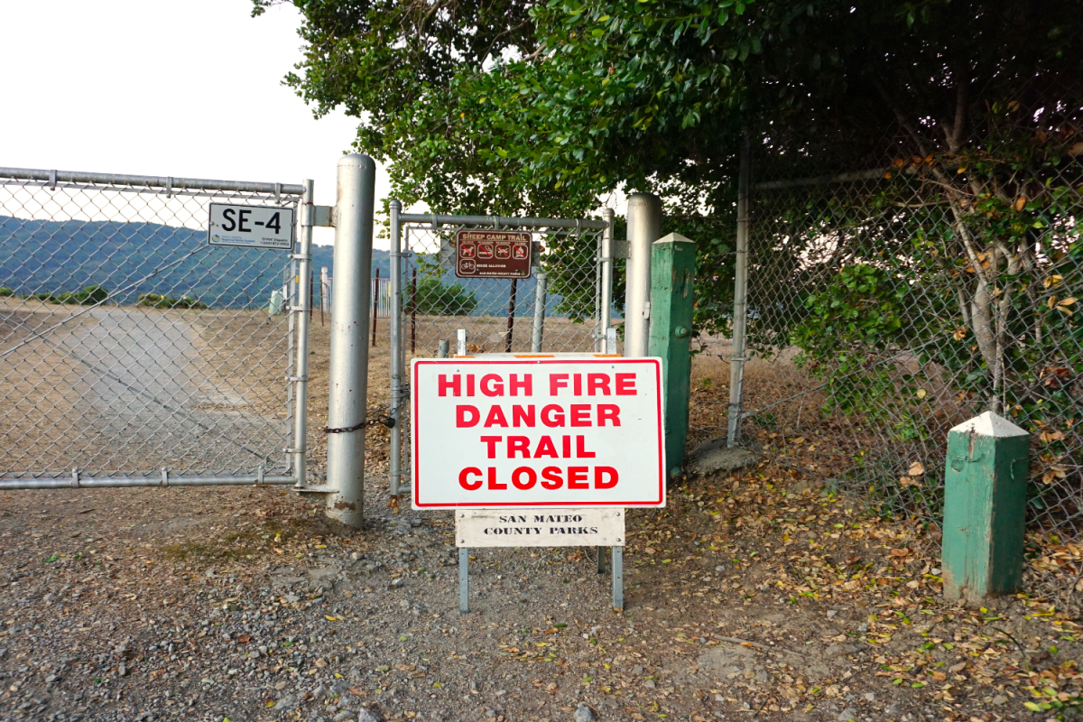 A trail closure sign blocks access to a hiking path near Crystal Springs Cross Country Course. Trails in high-risk areas can act as firebreaks, but dry brush nearby increases wildfire spread potential. Conditions of low humidity and high wind gusts increase the risk of fire danger.  “If there’s a strong indication of those conditions well in advance, they will issue a Fire Weather Watch so that people can prepare,” said Kari Hall.