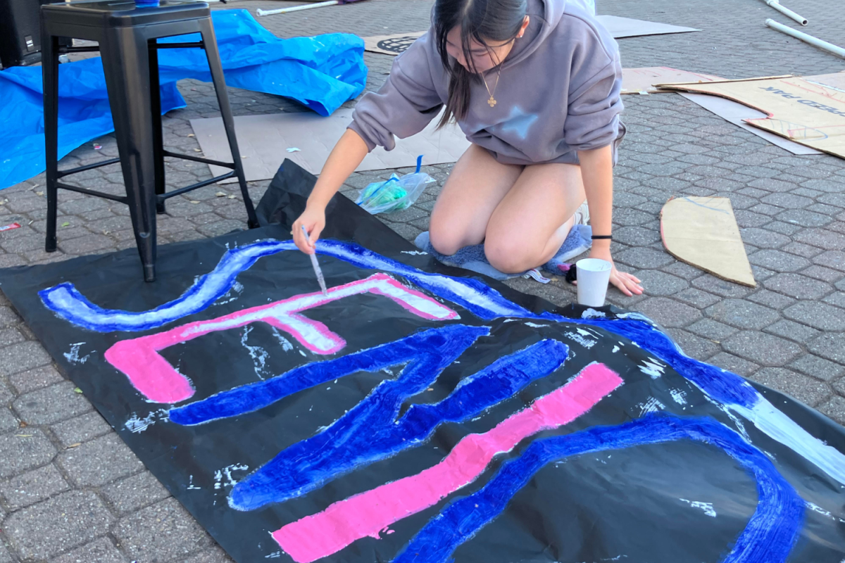 Senior Jennifer Luo paints a banner for the 2025 graduating float. The seniors' job is particularly difficult, since they have to construct a three dimensional float using the resources available to them.