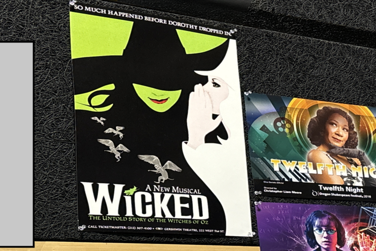 To advertise the show, posters for the Broadway production of "Wicked" depicts Glinda, the Good Witch of the North (right), and Elphaba, the Wicked Witch of the West, are put up on bulletin boards for people to see. The musical commemorated its 20th anniversary on Broadway last year. 