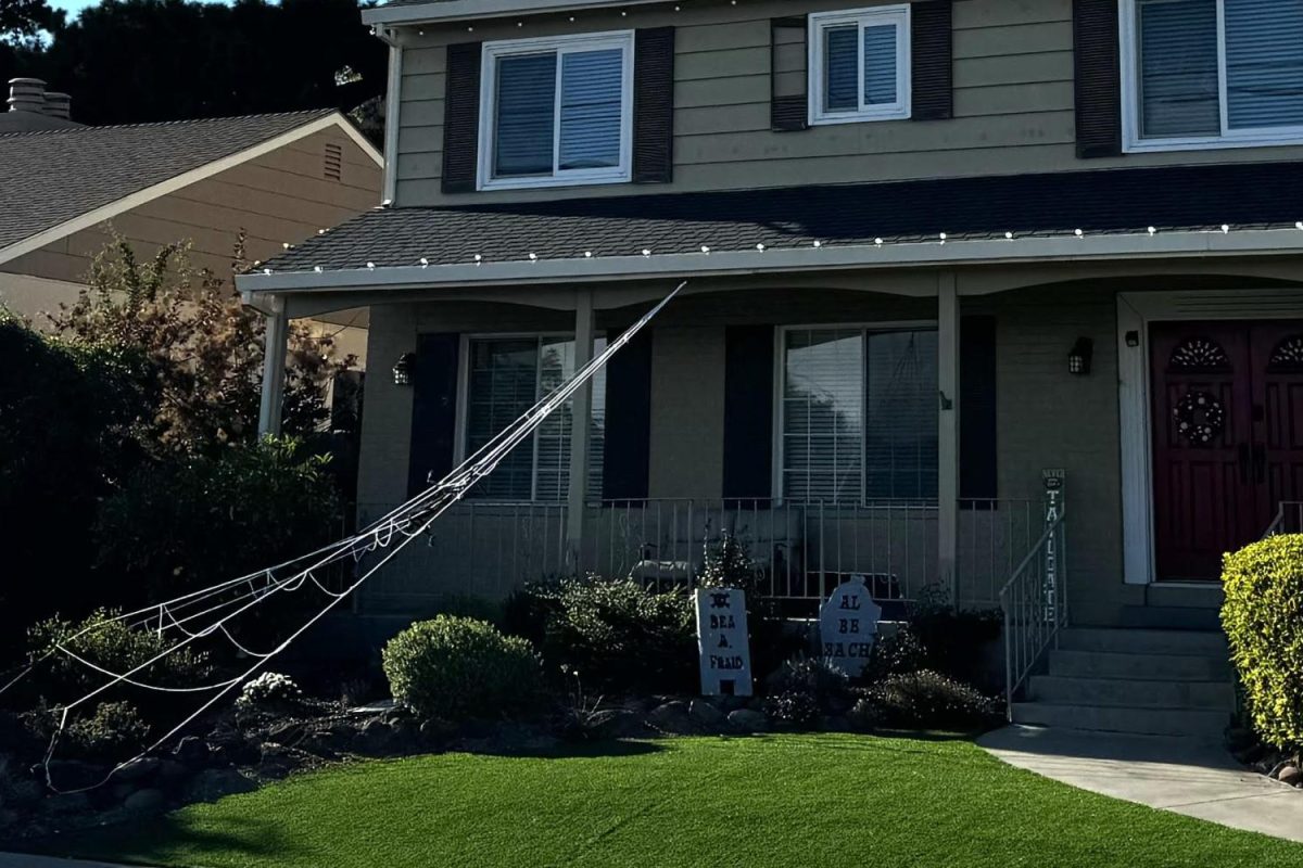 A home kicks off the spooky season with a giant spider web and tombstone decorations. “I am excited for this year’s Halloween. I really want to see all the cool decorations,” said Serena Wu, a San Carlos resident.