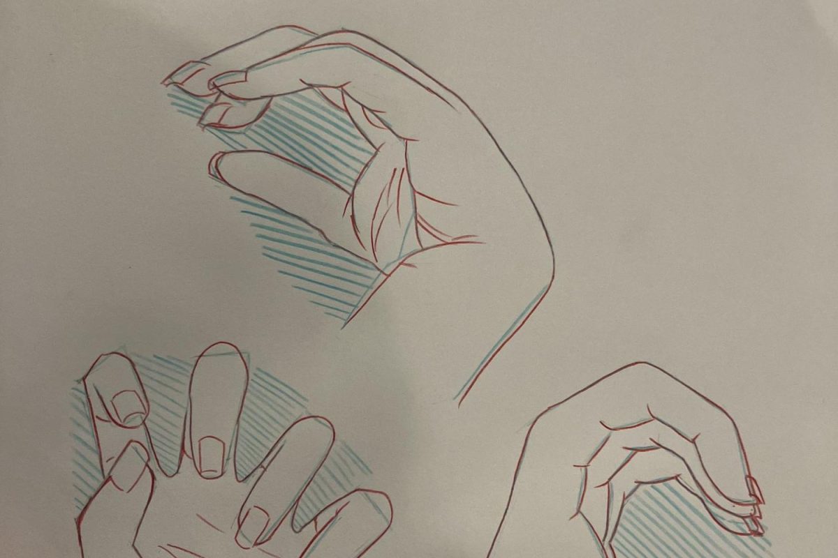 Students use colored pencils to practice drawing hands in multiple steps, learning the process and fundamentals of sketching. Different colors make it easy to tell each step apart. 