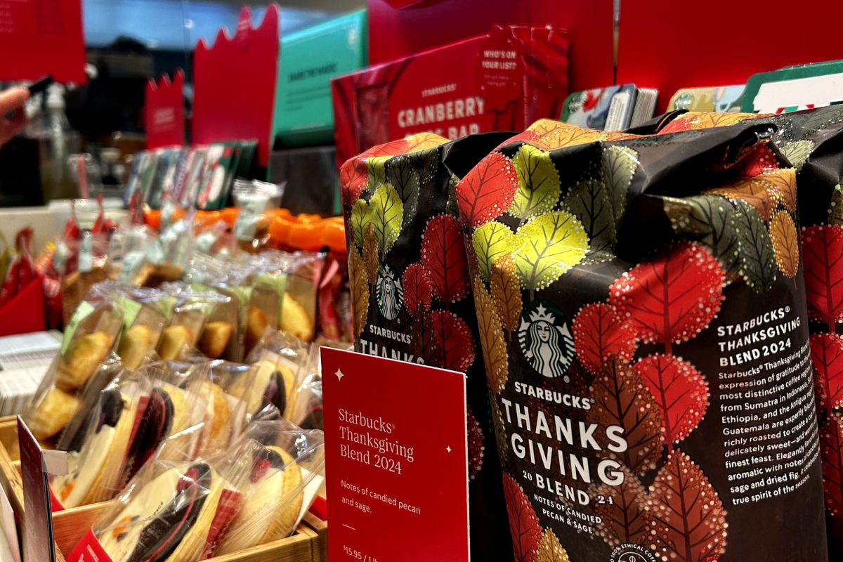 Starbucks displays their Thanksgiving coffee blend as well as some holiday snacks on their front counter. In addition to new drinks, Starbucks also added new food items, like the penguin cookie. "I think that the penguin design conveys the idea of holidays and allows consumers to be excited about participating in the holiday spirit," said Dakota Chang, a Carlmont sophomore.