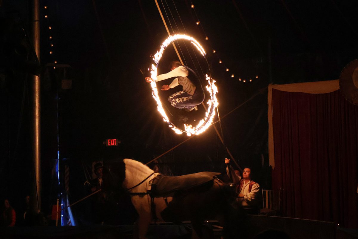 An equestrian performer jumps off of his horse and through a flaming hoop. Throughout the duration of his act, he switched horses several times for different tricks. He did several things like jumping over a rope or dancing on the horse’s back.