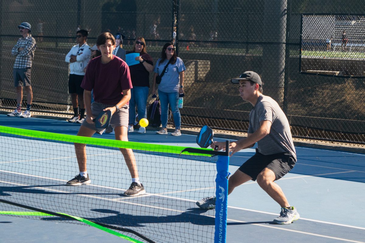 Carlmont pickleball club president Gabriel Rui and his teammate Ethan Roth compete in a tournament they organized amongst the school. The pickleball tournament had a massive turnout of Carlmont students and teachers participating in the event, showcasing the increase in popularity of the sport.