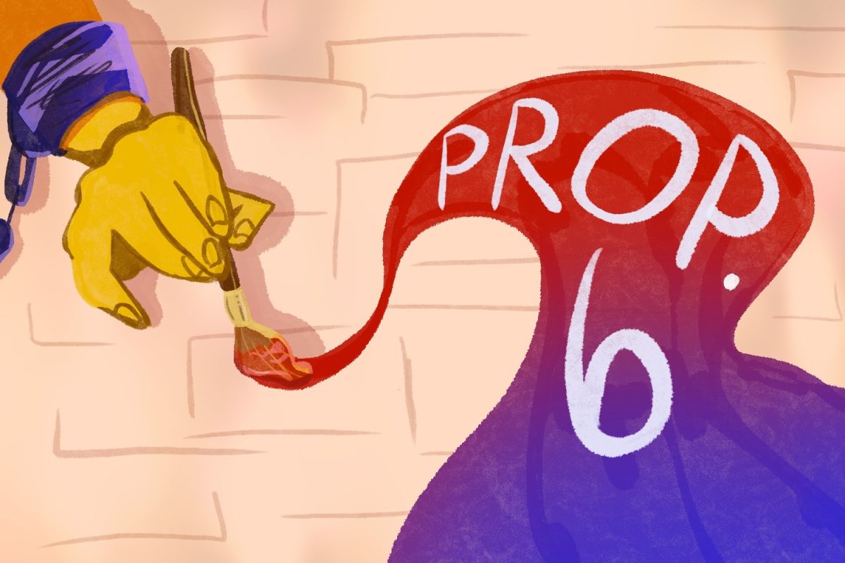 A hand attached to a chain is bound by a paintbrush drawing "Prop 6," signifying the restrictions of the current California amendment. With California Proposition 6, people who are incarcerated will be able to choose what work or programs they would like to be in rather than be forced to work on jobs assigned to them.