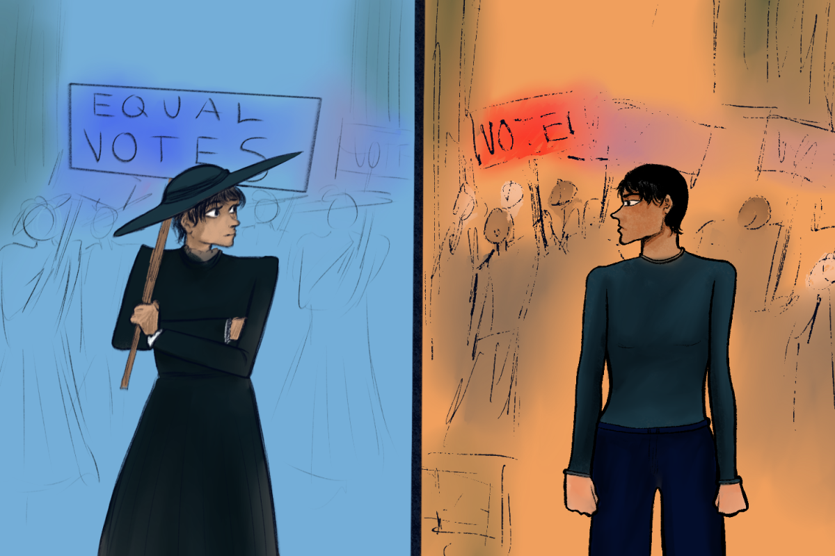 An American voter from the past looks to another American voter from the future. Voting over the years has had many changes and differences in methods and cultural impact, but issues on equal voting rights are still debated even to this day. 