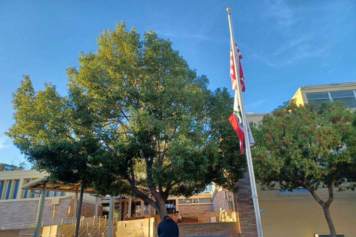 The American and Californian flags are set up in the upper quad at Carlmont. A symbol of the country and the state, these flags represent the freedom that the military fights to protect.