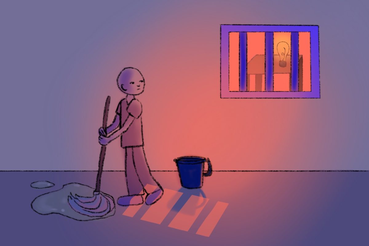 An incarcerated person mops the floor while looking outside of their cell and sees a desk and lightbulb. Many people in prison are unable to prioritize rehabilitation and education due to prisons having them work instead. 