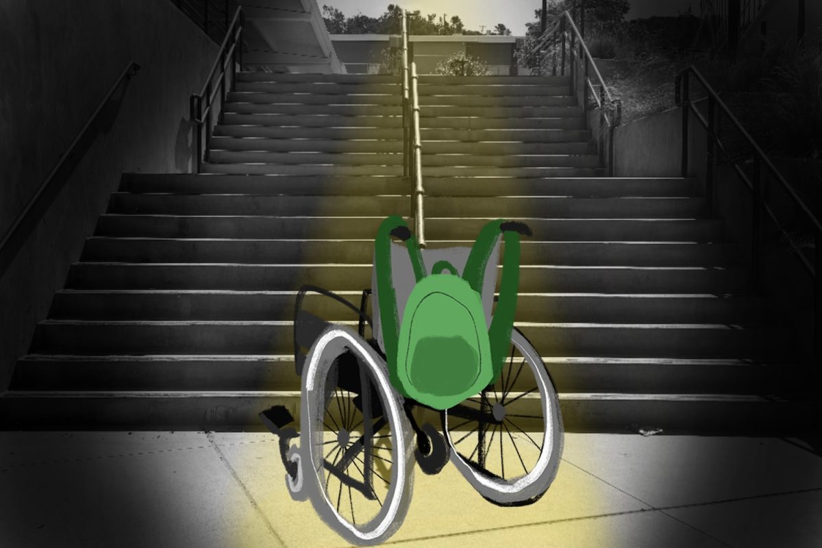 A wheelchair sits before a big staircase. While helpful for most, stairs make moving up and down hard for those with mobility issues.