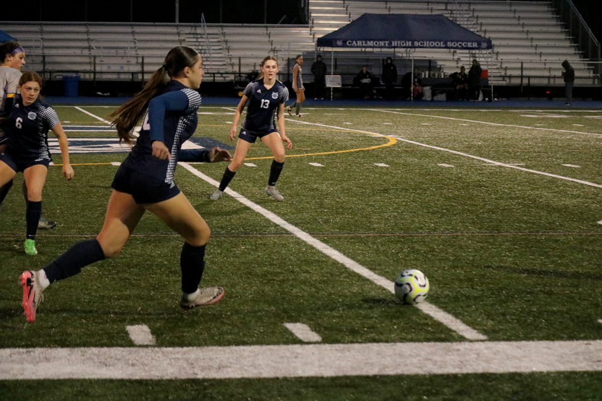 Sophomore Bianca Lopez takes possession of the ball and looks upfield for a teammate. This was in the second half of the game where most of the action occurred. The Scots relied heavily on their sophomores who scored both goals of the game. 