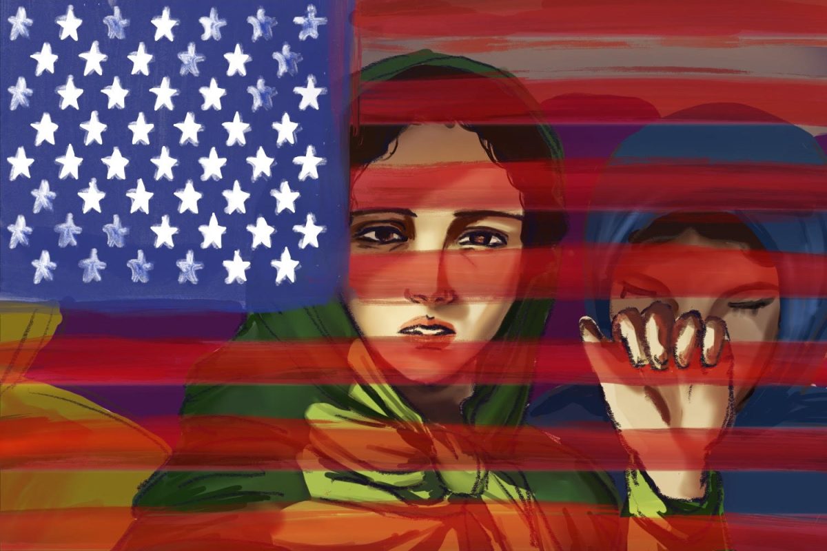 An unauthorized immigrant woman gazes through the constraints put on her due to her status, a poignant gaze symbolizing resilience, identity, and the struggle for belonging. These constraints and challenges are symbolized with the United States flag.