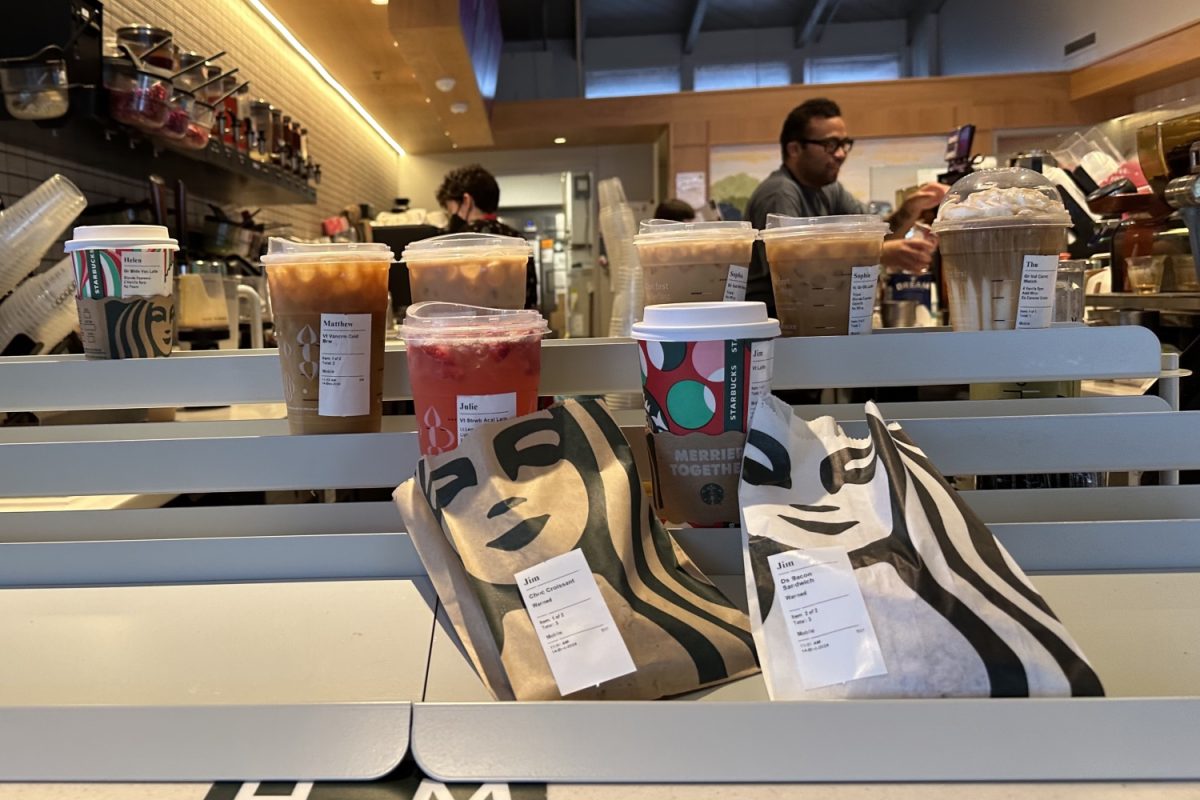 Drinks stand at the online orders section at the Carlmont Shopping Center Starbucks. "This is nothing compared to a weekday after school," Cobric said. 