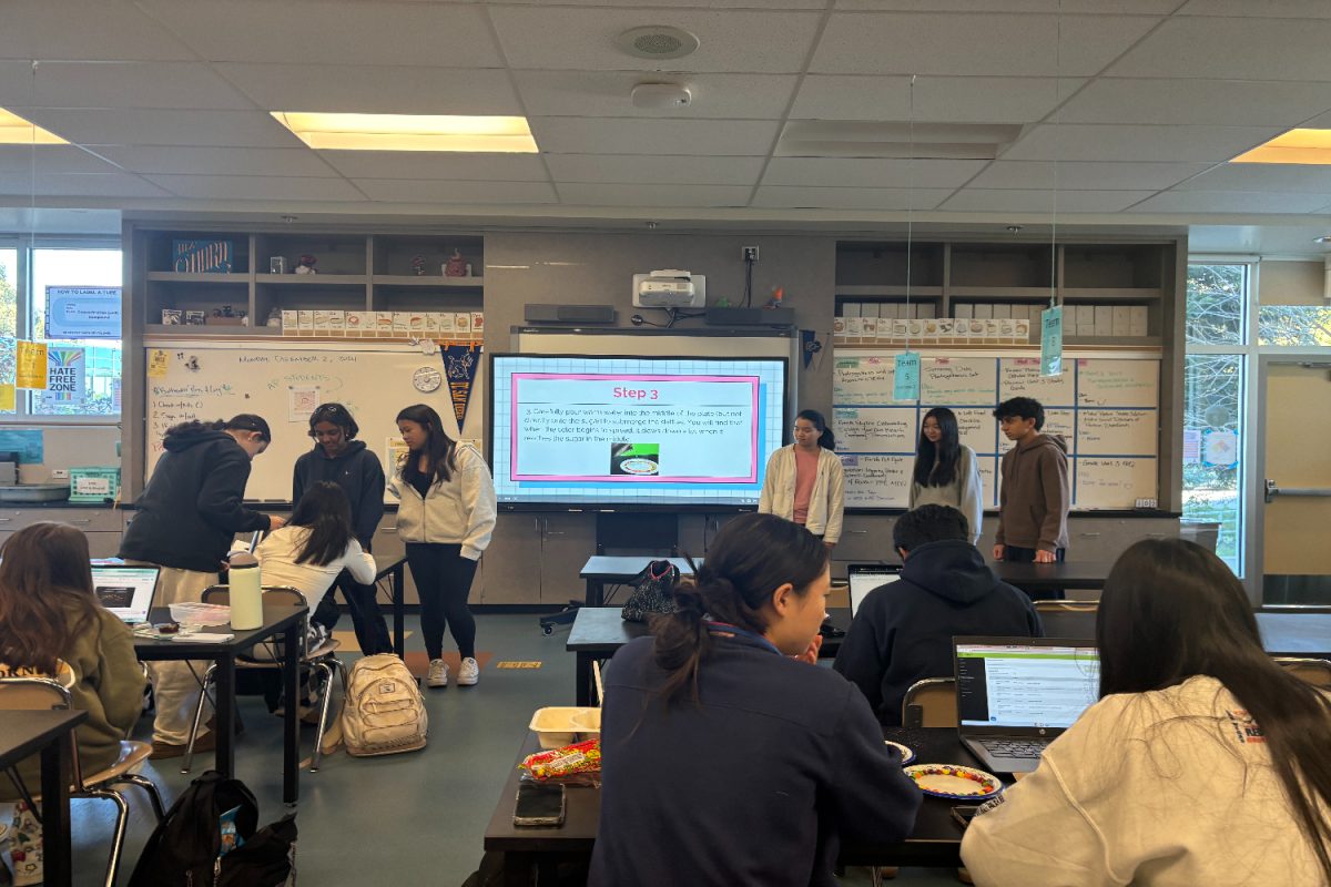 The Biomedical Engineering club's leaders present this week's experiment to the members. They explain the science of the experiment and demonstrate how to do it through images on their slideshow. 