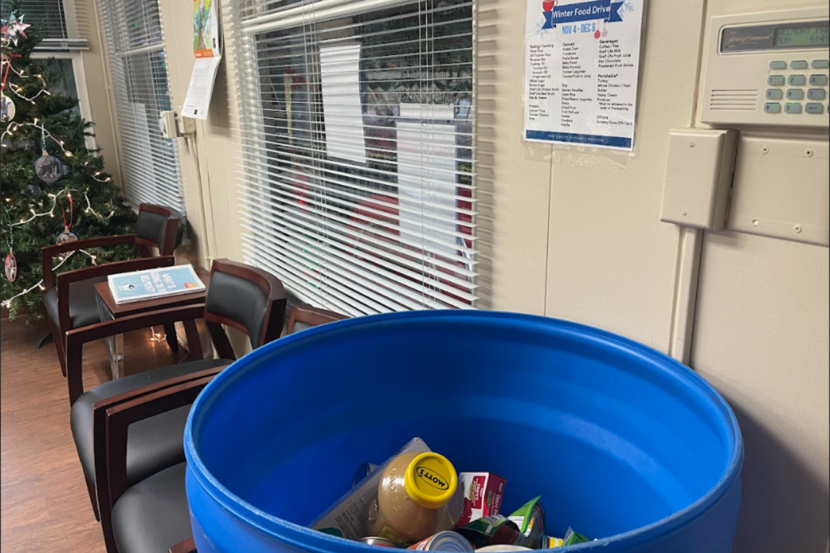 Community members fill up a VOICES and Samaritan House food drive bin at the Belmont Parks and Recreation office. People donated non-perishable goods like canned tuna and rice to help people in need.