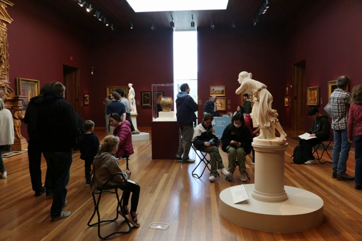 Visitors observe and sketch museum artwork during the de Young Museum's "Sketching in the Galleries" program on Nov. 30 in Gallery 23, which features American art. The museum's last three gallery sketching events of 2024 will take place on Dec. 7, Dec. 21, and Dec. 28 in three other galleries.