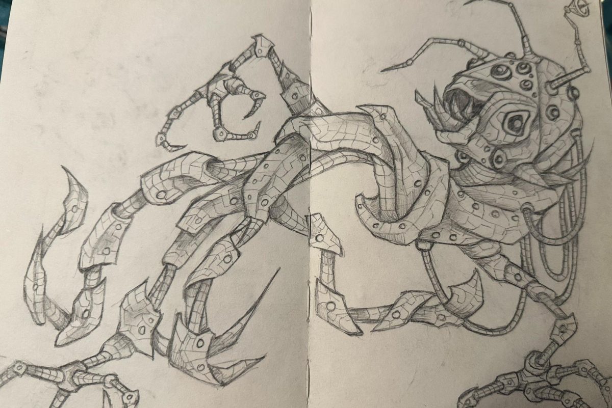 A spread from Baltazar Cid's black book depicts an abstract robotic creature. "All my sketches were super random," Cid said. "I was really into robot insects or something weird like that." 