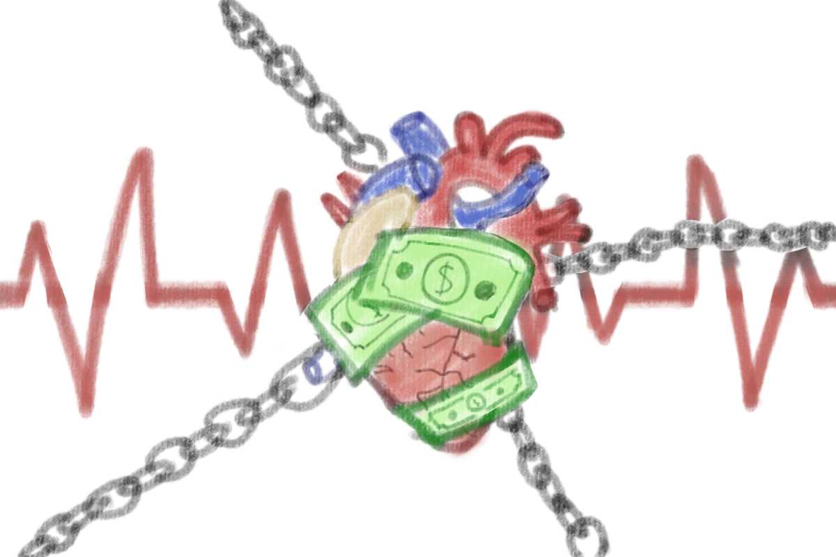 A heart connects to chains and money, representing how the high costs in today's healthcare system result in less people accessing the treatments they need. Between 47.5  and 51.6 million Americans cannot afford healthcare, according to the National Library of Medicine.