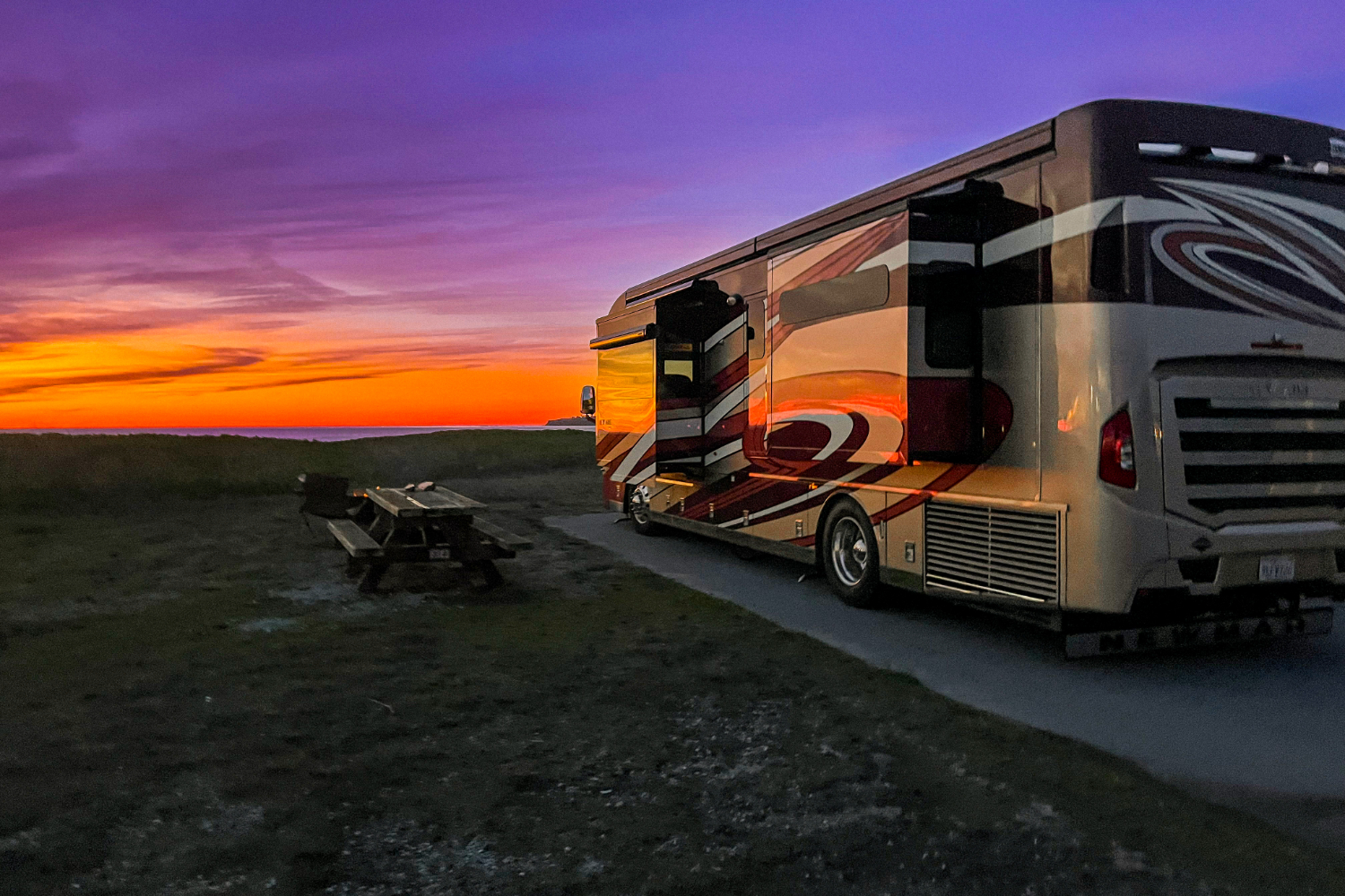 Adventurous van lifers escape from life by watching the sunset over the Pacific Ocean in Half Moon Bay, California. After long days of travel, vans, and recreational vehicles (RVs) station themselves at RV-designated campgrounds overnight. "The number one reason why we are still doing van life is because it is such a stress reliever," said van resident Jason Arbour. "It's so easy to just not know what's going on in the world and not be stressed or scared from what the tabloids are saying."