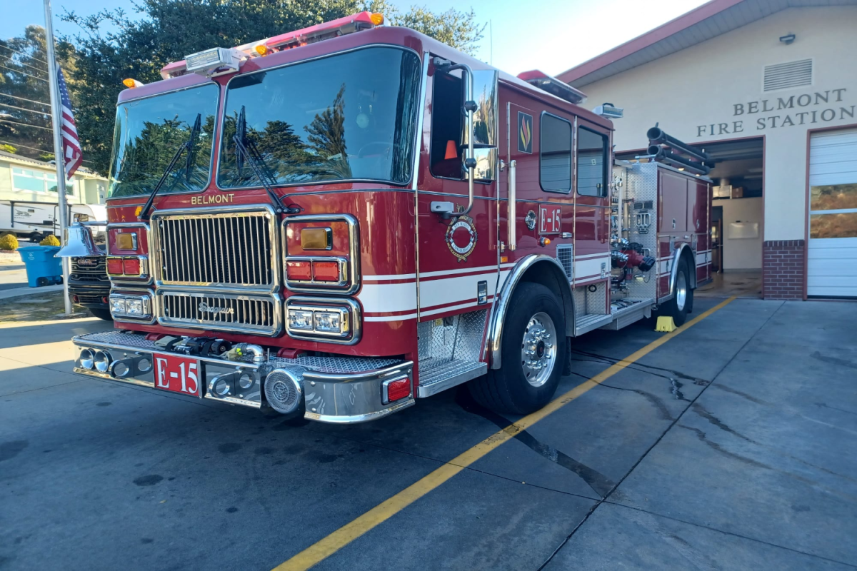 The E-15 fire engine sits parked outside of the Belmont Fire Station. This station is part of the San Mateo Consolidated Fire Department, which has sent multiple teams to help out with the burning Los Angeles fires.