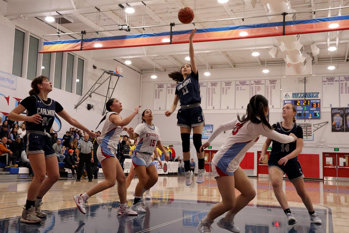 Senior Cyan Yee floats up as she lays the ball into the hoop. By breaking away from her defender, she had a clear path to the rim. Both teams utilized changes in speed to do so.