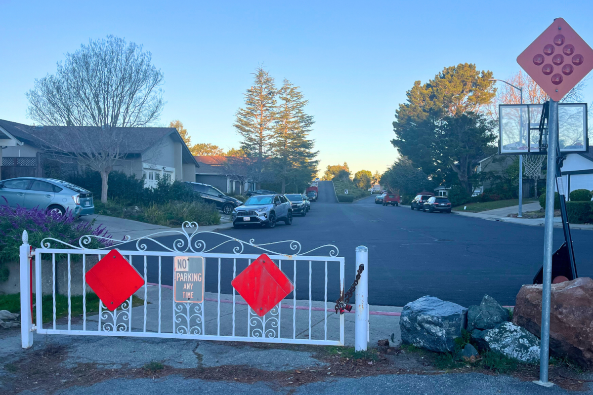 The Hallmark-Crestview barricade features a gate on the left and a row of rocks on the right, effectively blocking through traffic. "One of the options under study is to replace the gate with a wider gate to allow larger firefighting vehicles to pass through the opening," said Belmont councilmember Thomas McCune. "The current gate will allow the passage of standard fire engines, but not vehicles such as bulldozers that might be needed to fight certain kinds of fires."